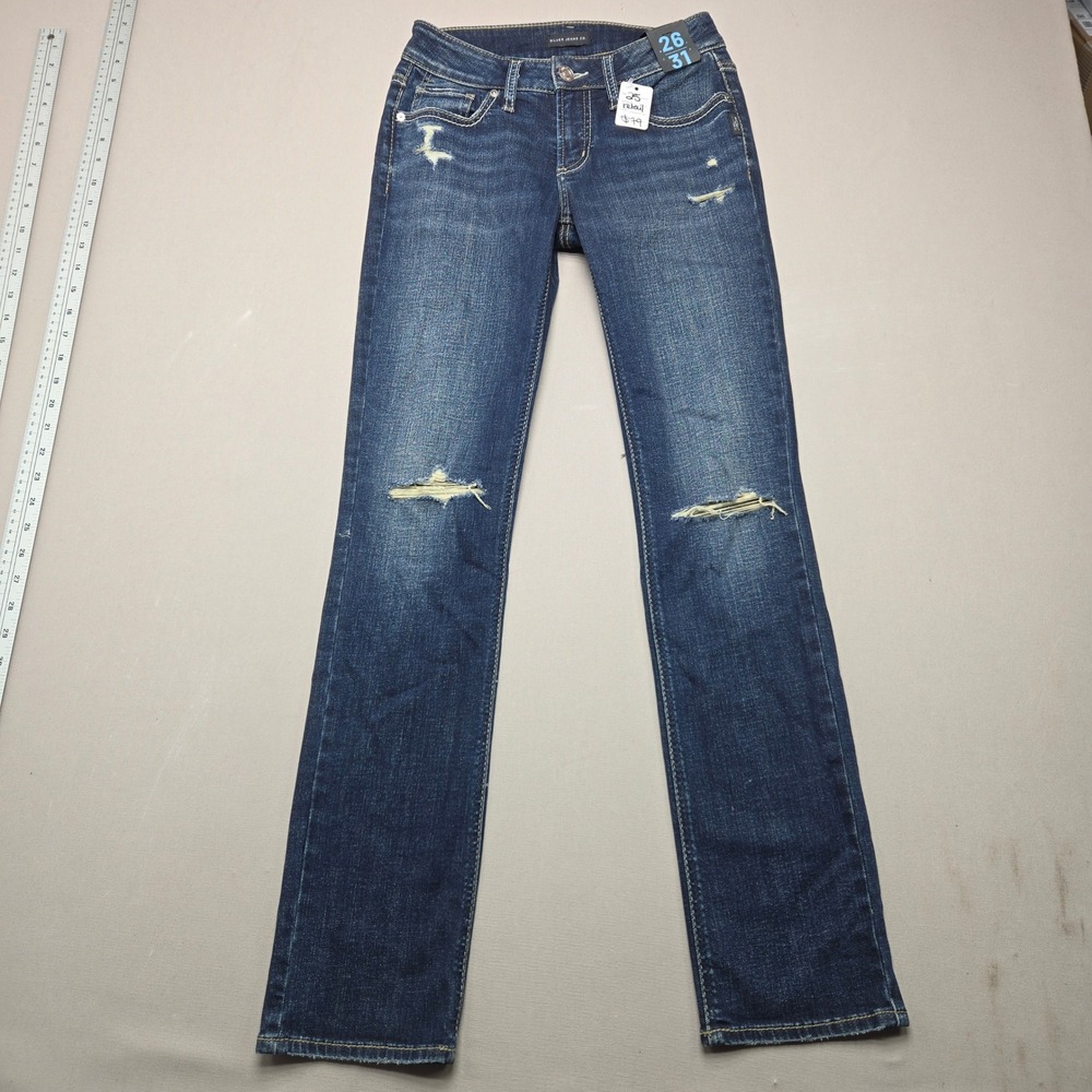 Silver Jeans Co Britt Straight Leg Distressed Curvy Low Rise Blue Women 26x31